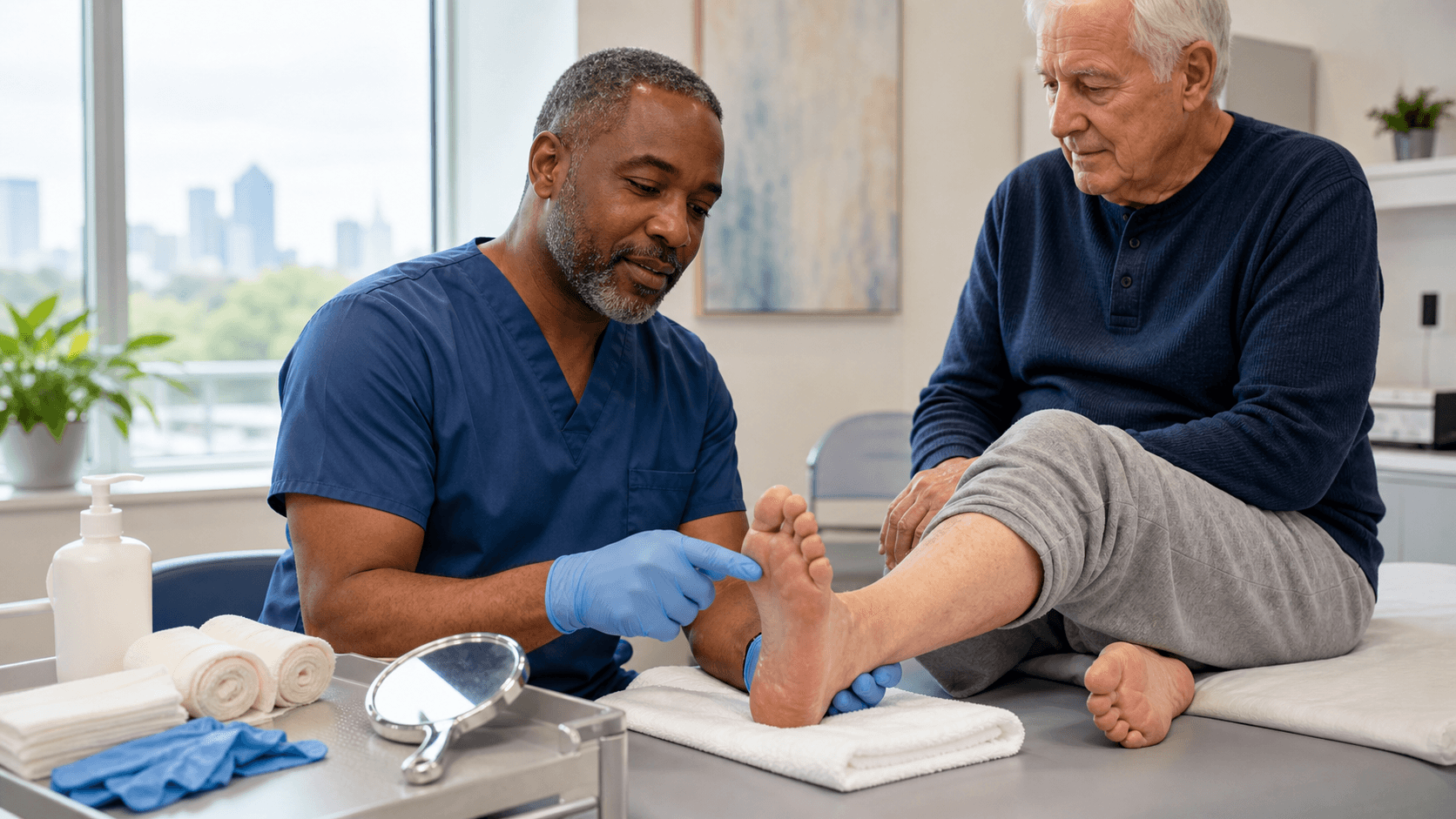 Doctor in white coat examining a patient's bare foot on a clinic bed, bright lighting and neutral background