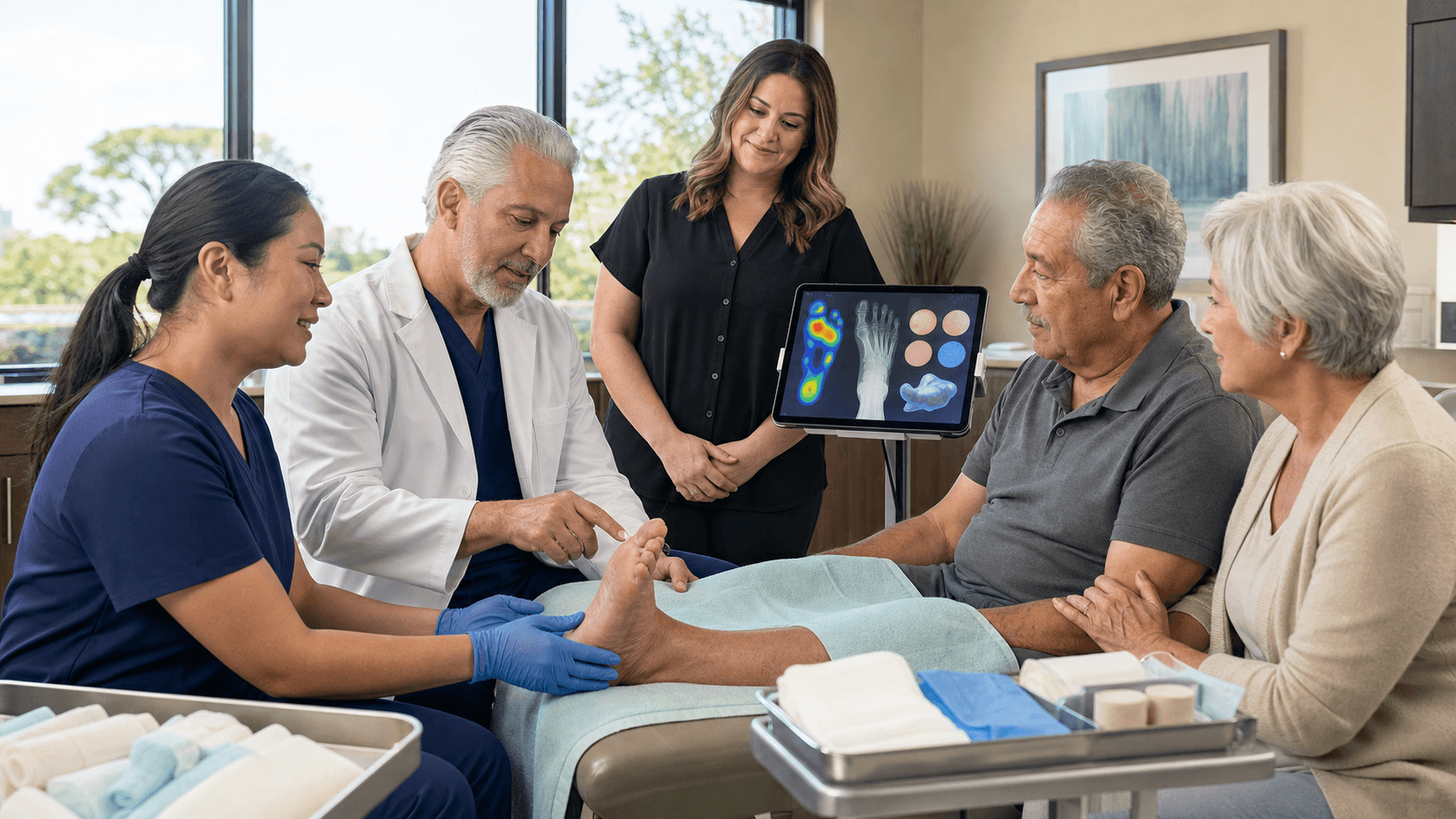 Clinicians in white coats review a foot wound chart on a tablet in a bright hospital corridor, blue-gray tones.