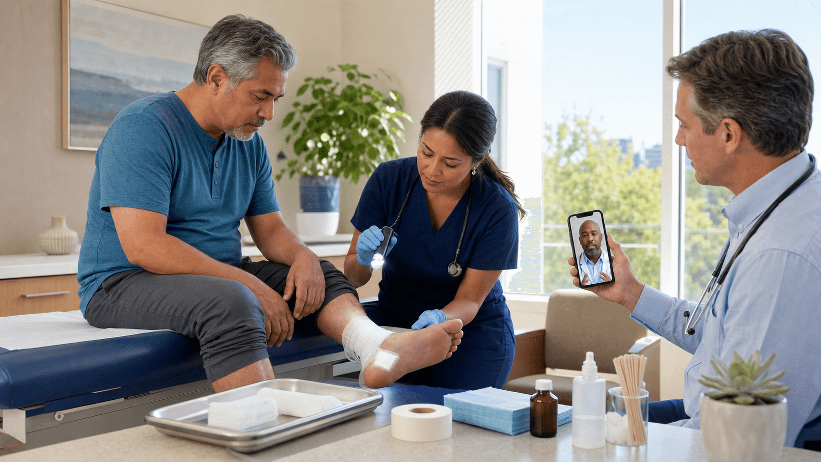 Gloved clinician examines a bandaged foot on an exam table in a bright clinic, with soft blue and white tones.