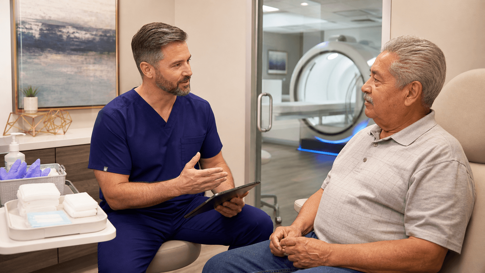 Blue-toned medical illustration of a hyperbaric chamber beside a bandaged foot, with a simple timeline graphic.