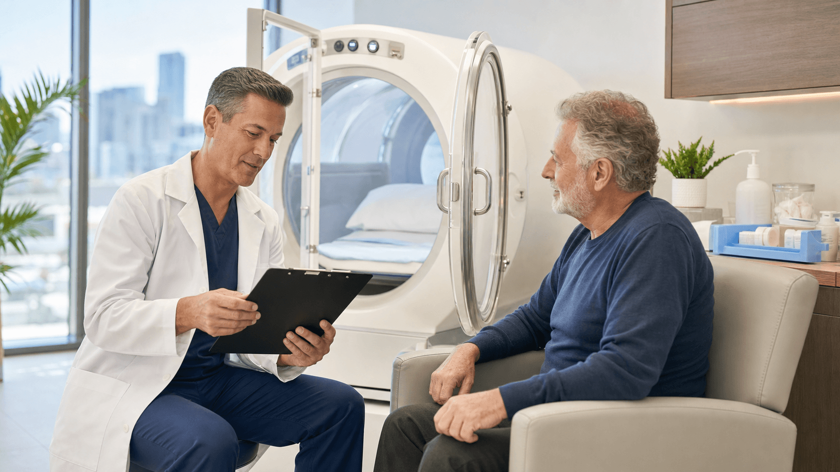 Person reclining inside a sleek white cylindrical hyperbaric chamber, blue ambient lights glowing in a clean clinic room