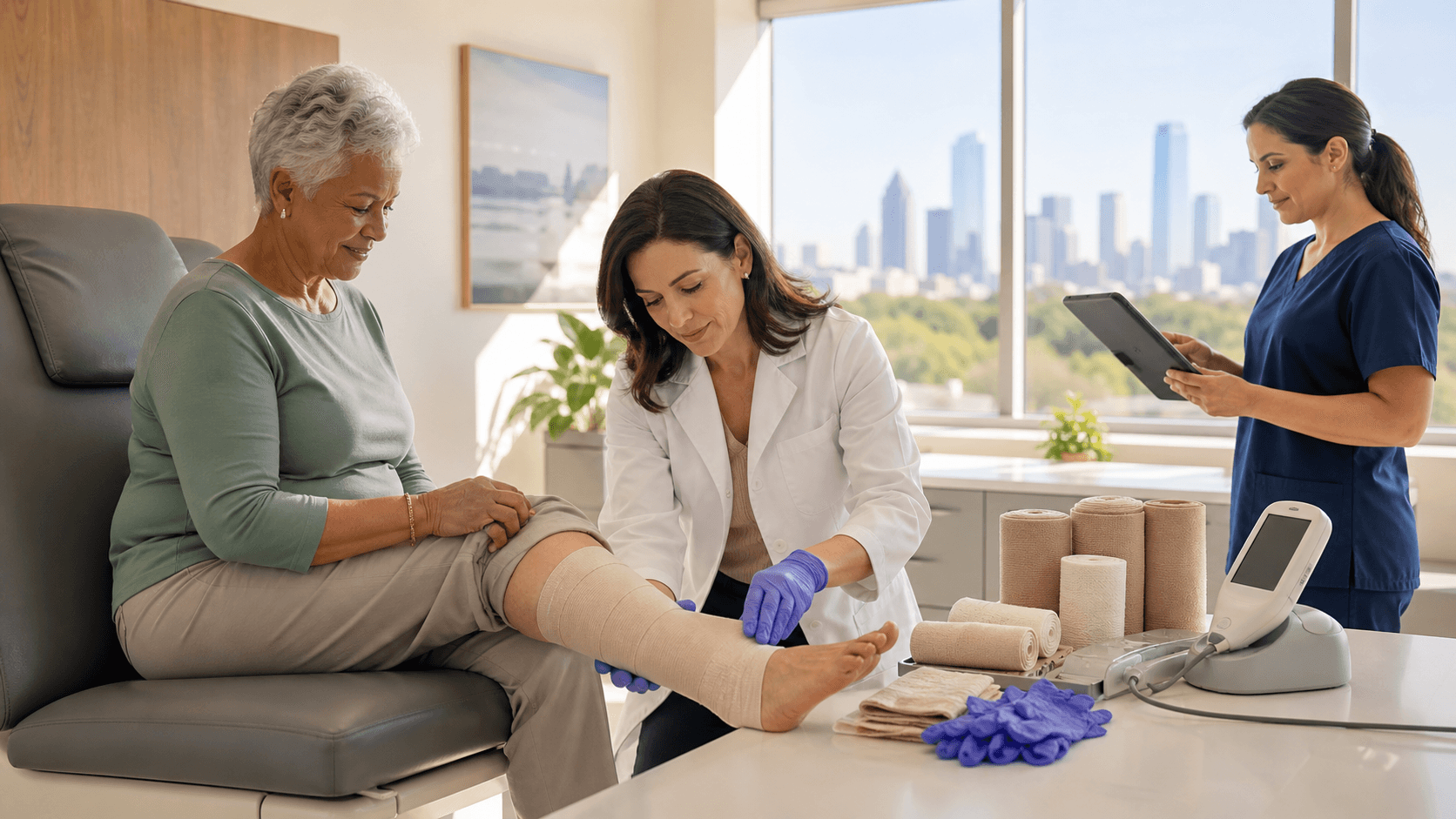 Therapist wrapping a patient’s lower leg with white compression bandages in a bright clinic with blue accents