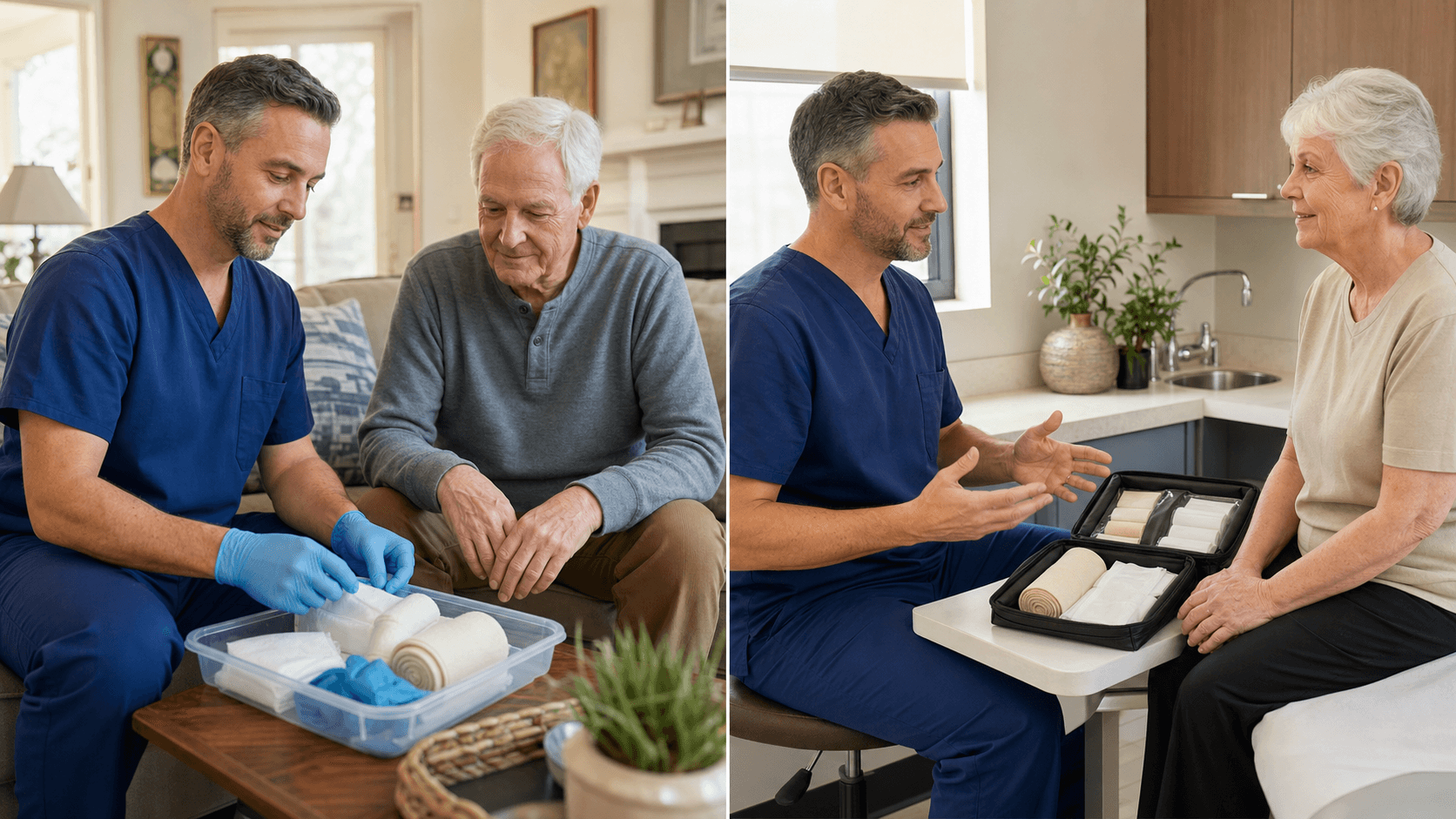 Nurse in blue scrubs bandaging a patient's leg in a bright living room, medical kit on a nearby table.