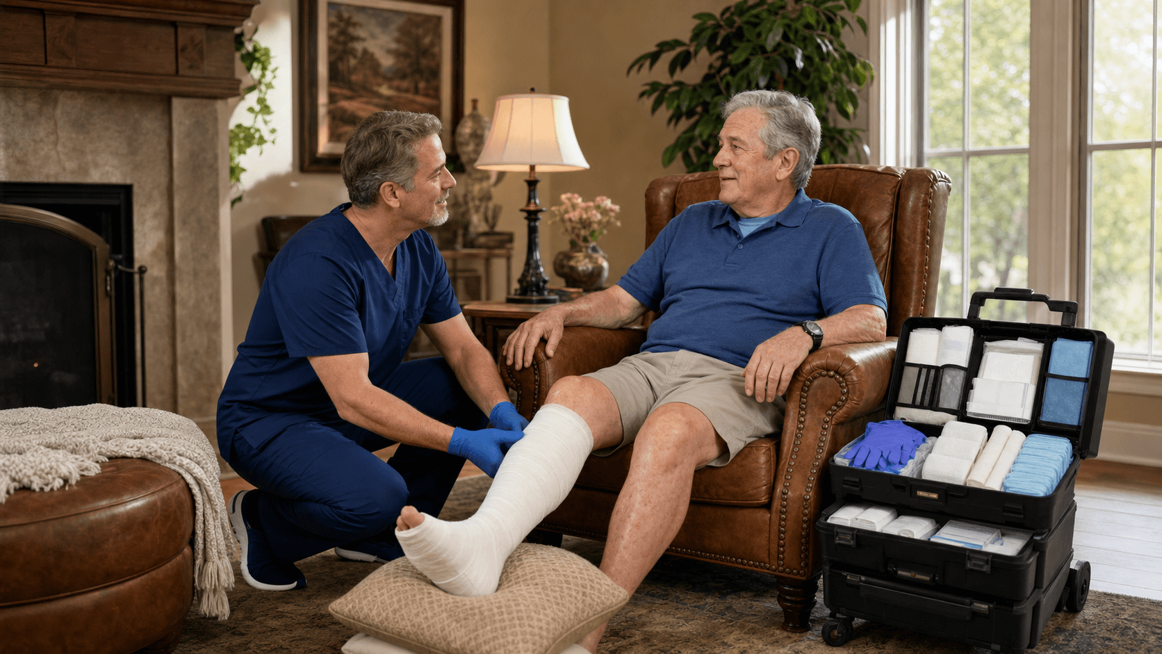 Nurse in blue scrubs examines a bandaged lower leg in a bright home setting, medical kit beside the patient.