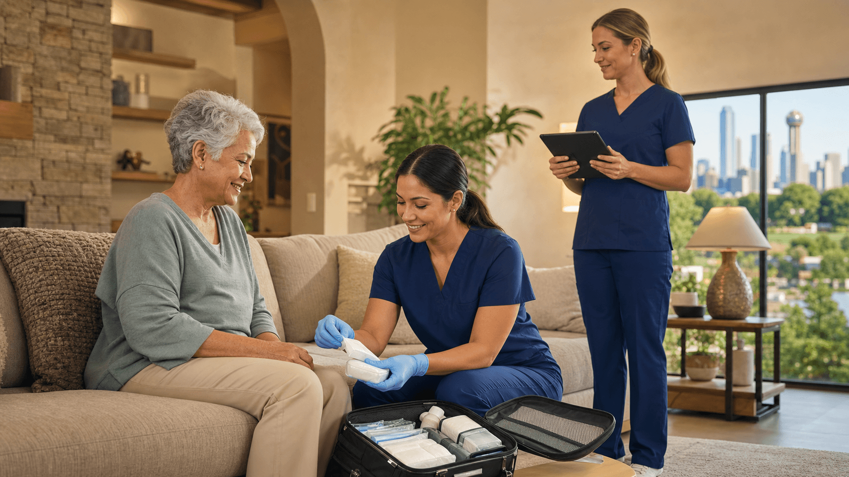 Nurse in blue scrubs bandaging a patient’s foot on a sofa in a bright living room, with a clipboard nearby