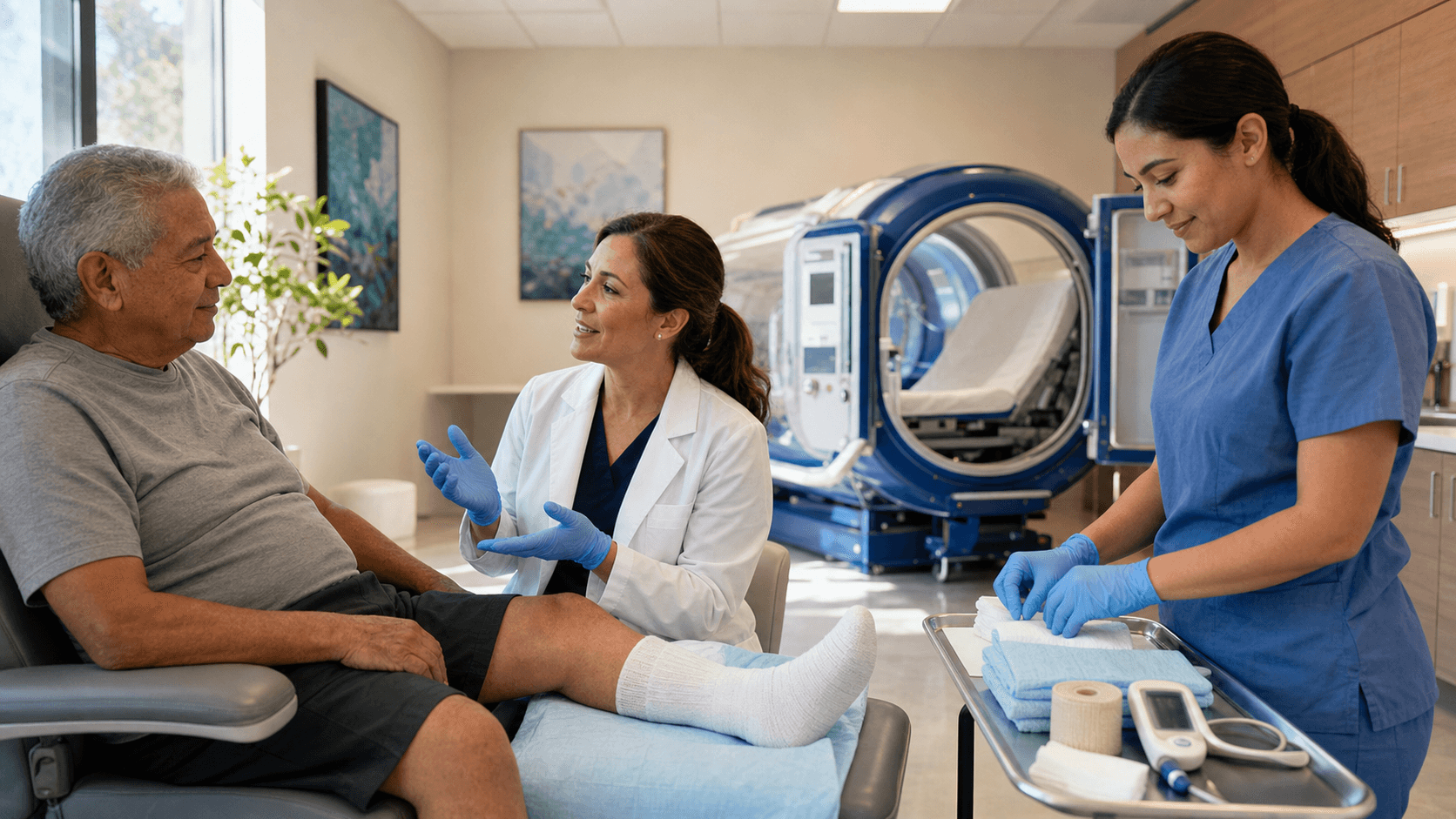 Doctor in blue scrubs bandaging a diabetic foot wound in a bright clinic, with medical tools on a tray