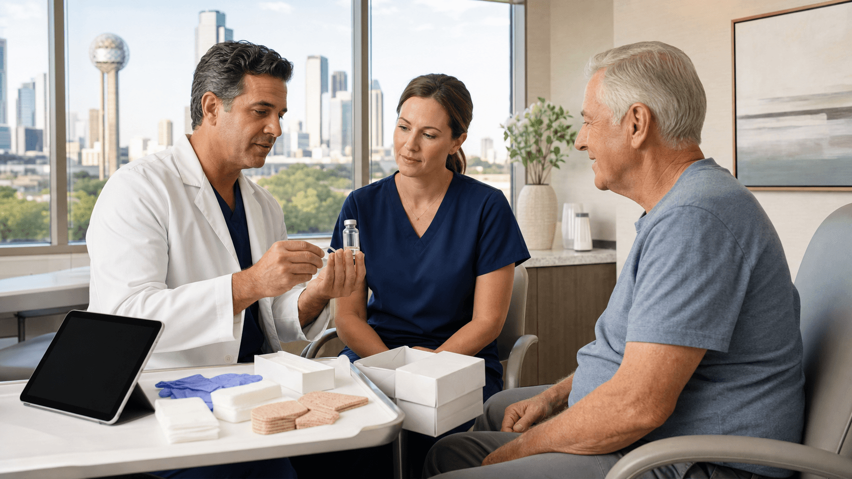 Doctor in blue scrubs examines a leg wound with a magnifying glass, Dallas skyline blurred in the background.