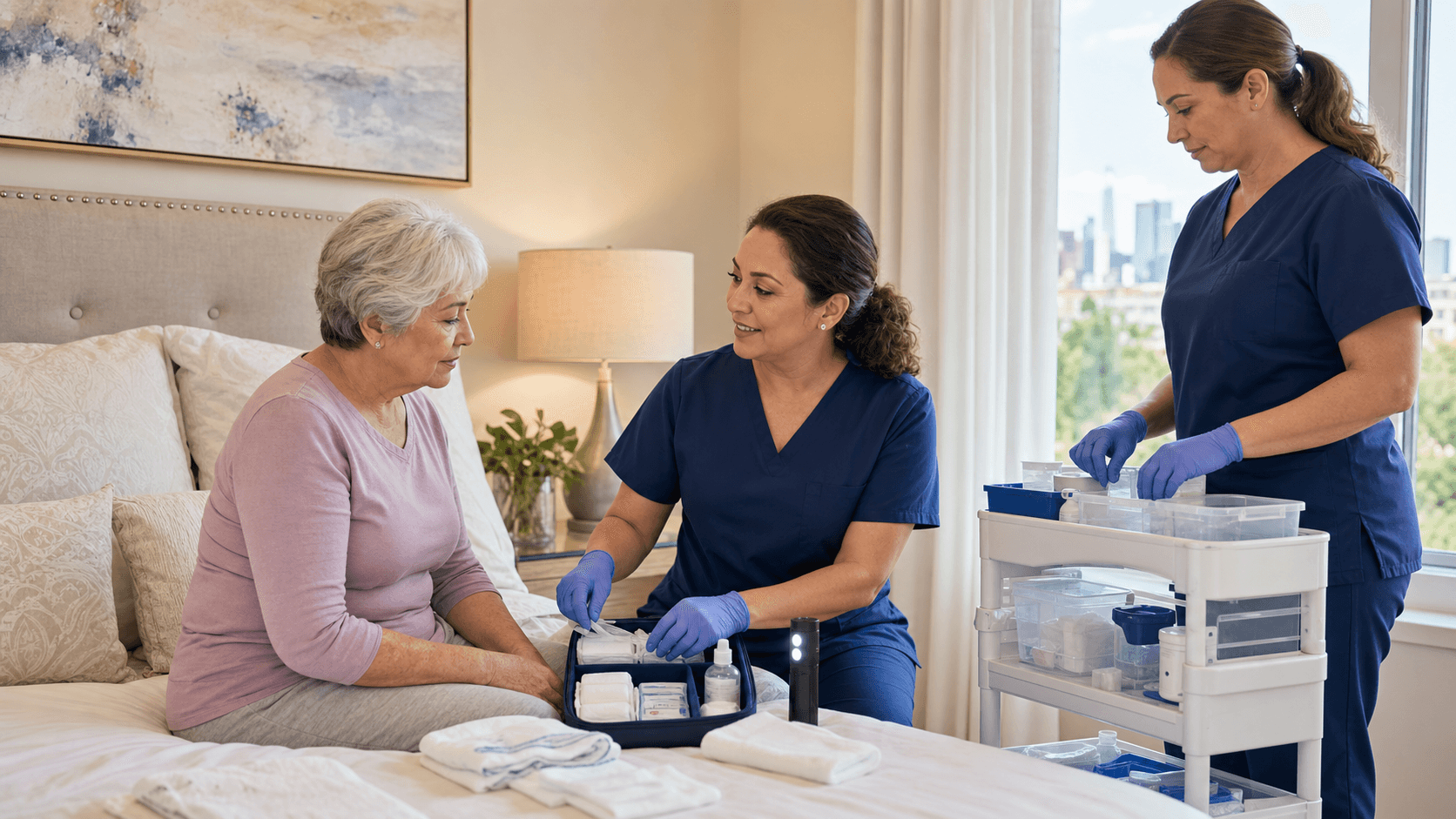 Nurse changing a bandage at a bedside in a bright room, with gauze, gloves, and medical supplies on a tray.