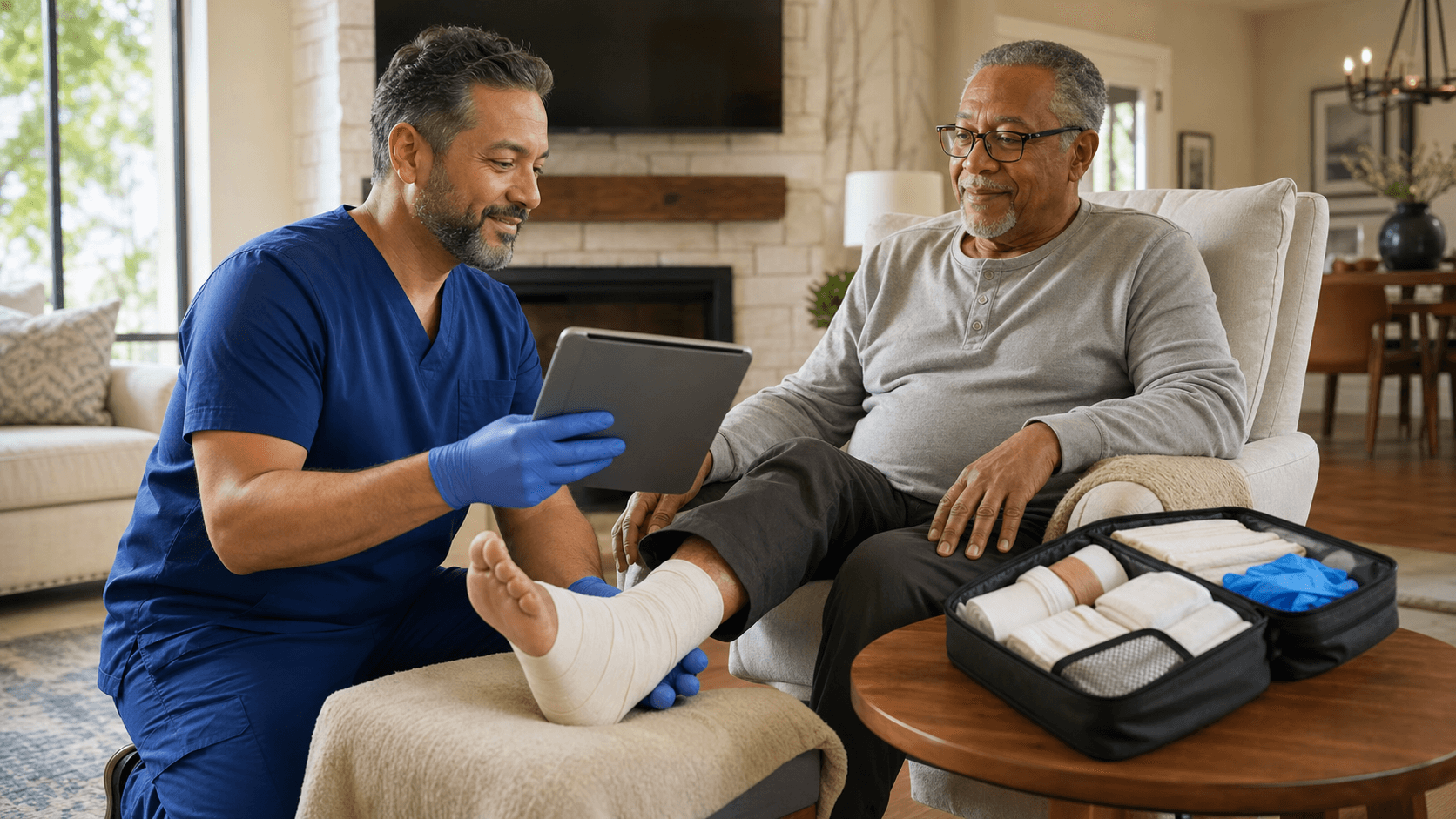 Doctor in blue scrubs examines a bandaged foot with gauze and a tablet beside it, in a bright clinic setting.