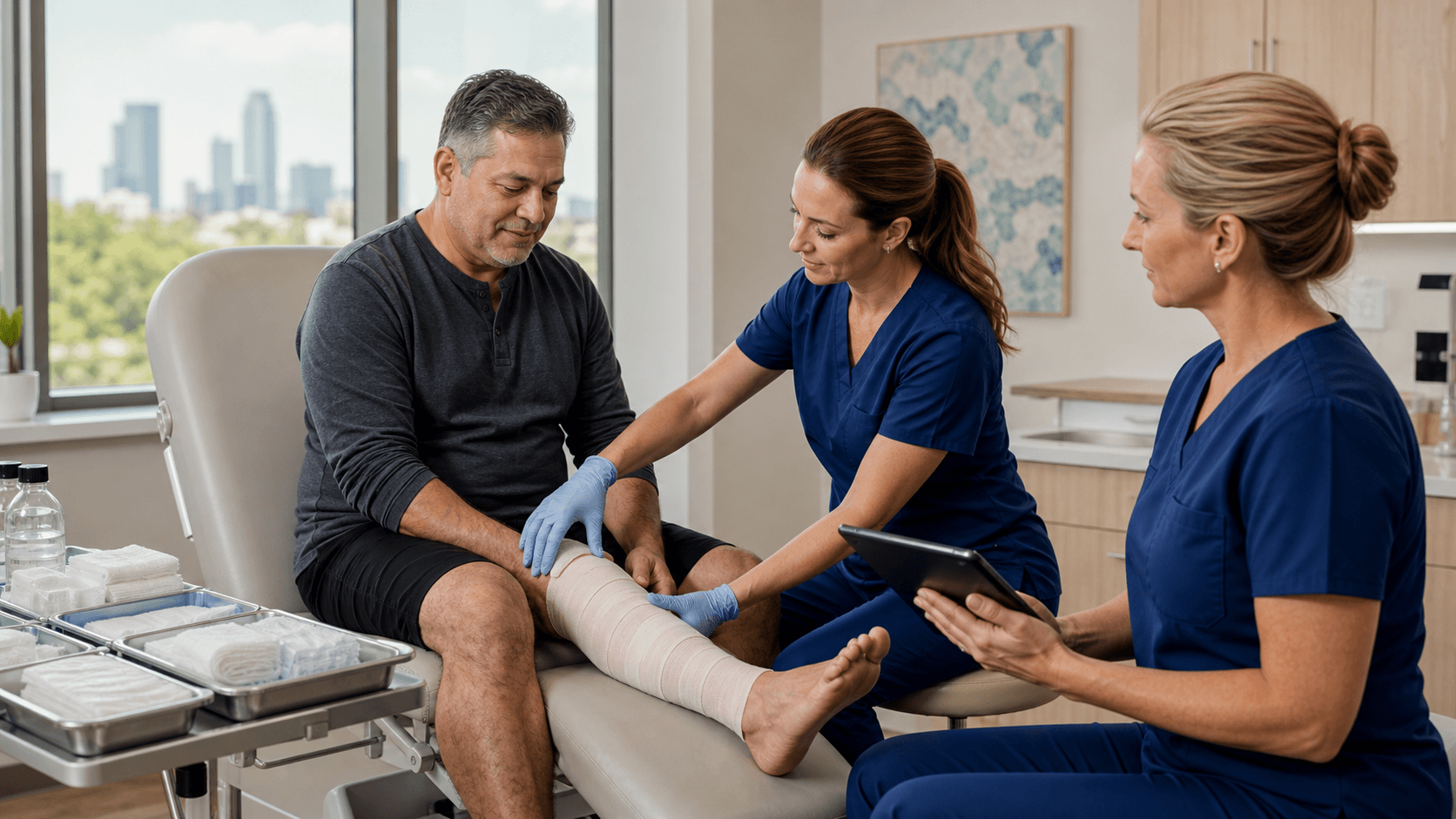 Clinician in blue scrubs examines a patient's bandaged leg in a bright, modern clinic with medical tools on a tray